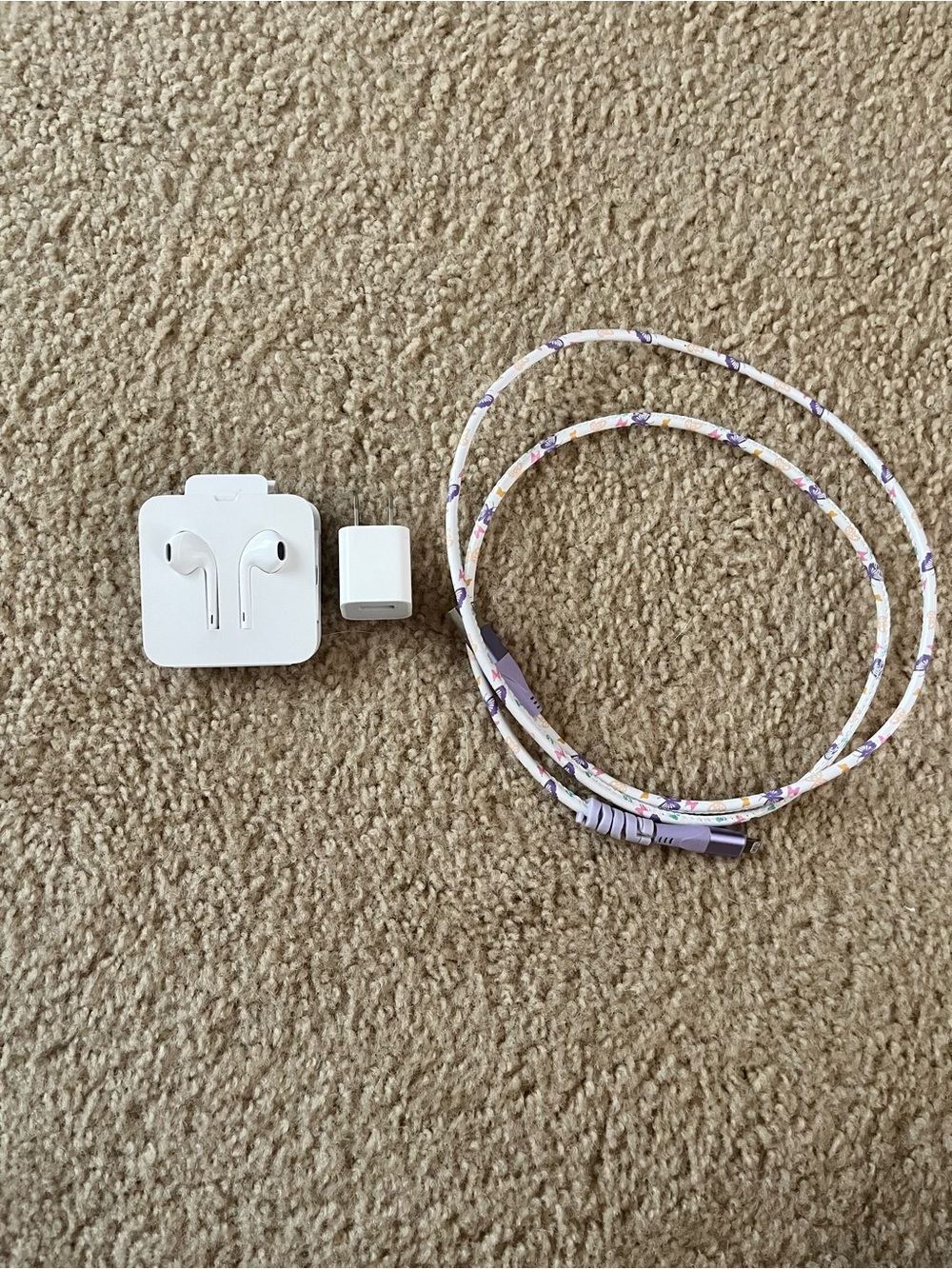 White Apple Earbuds & charging Cable with White Apple Charger Adapter